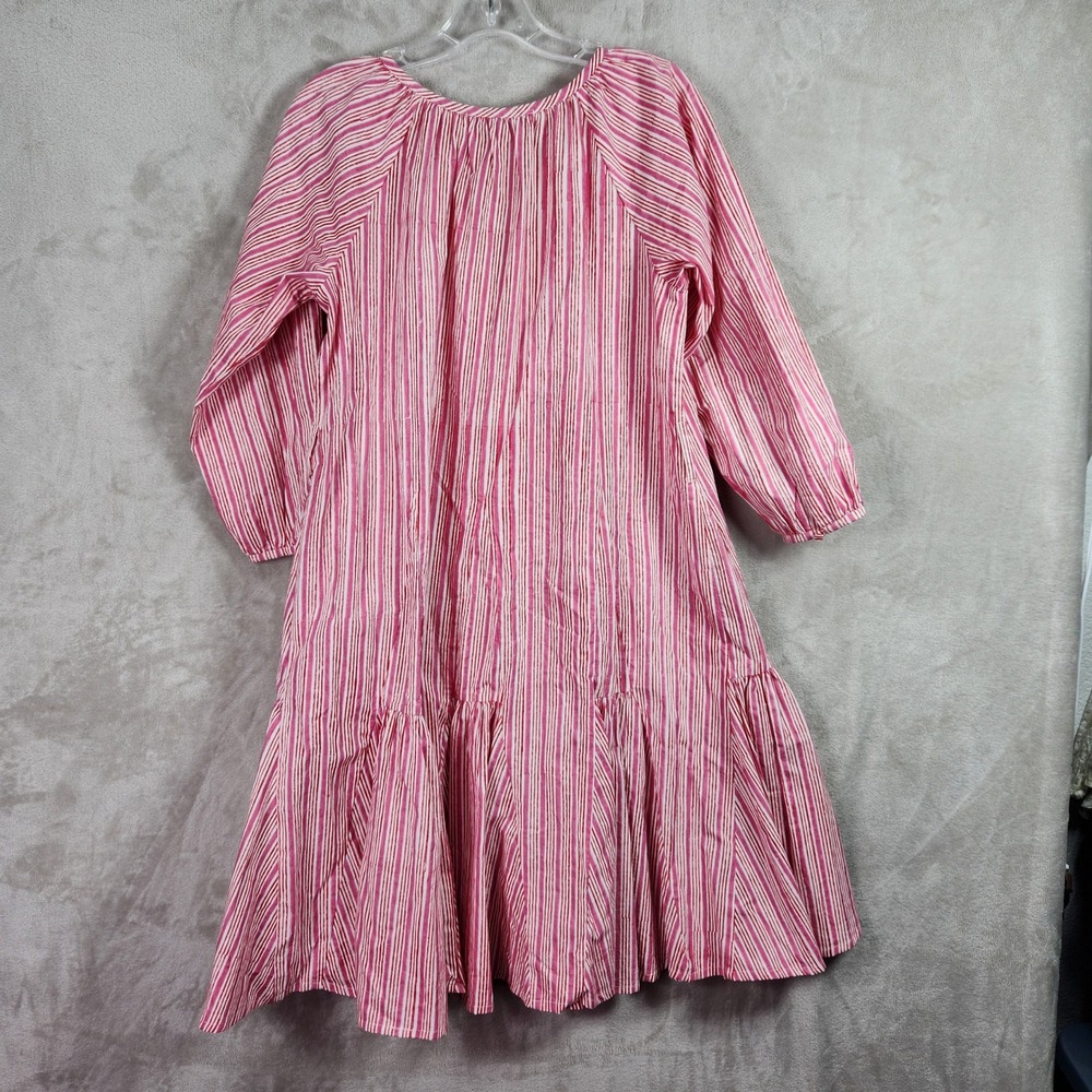 Pink City Prints Dress Womens XS/S Pink Striped Tassel Midi Boho Coastal Peasant - Picture 2 of 11